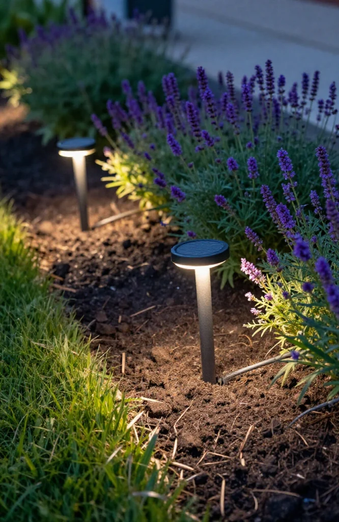 Solar spike lights installed along garden bed borders creating ambient lighting and defining landscape edges