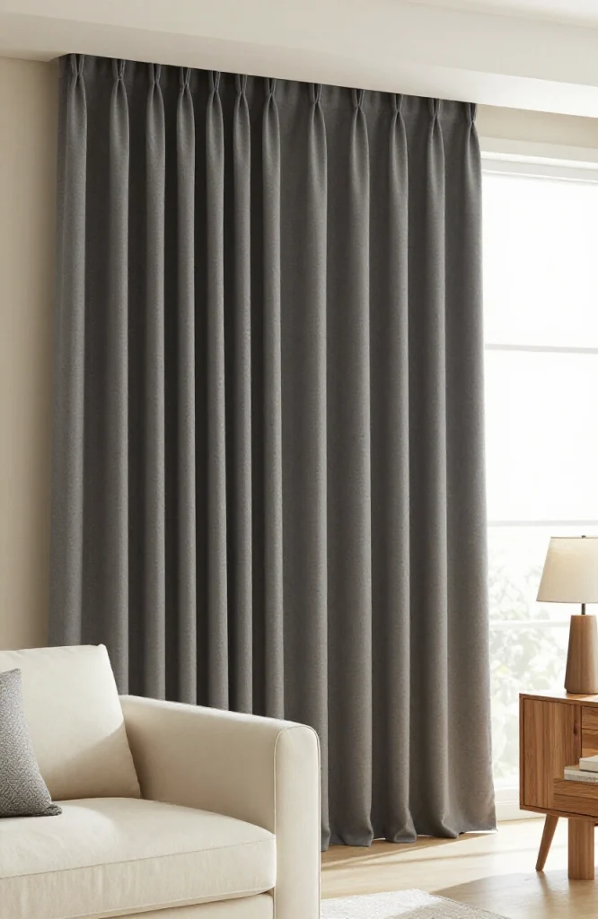Dense soundproof curtains hanging on living room window to reduce noise and improve acoustics