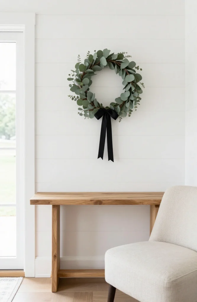 Minimalist Christmas wreath made with sparse eucalyptus branches and greenery on white background
