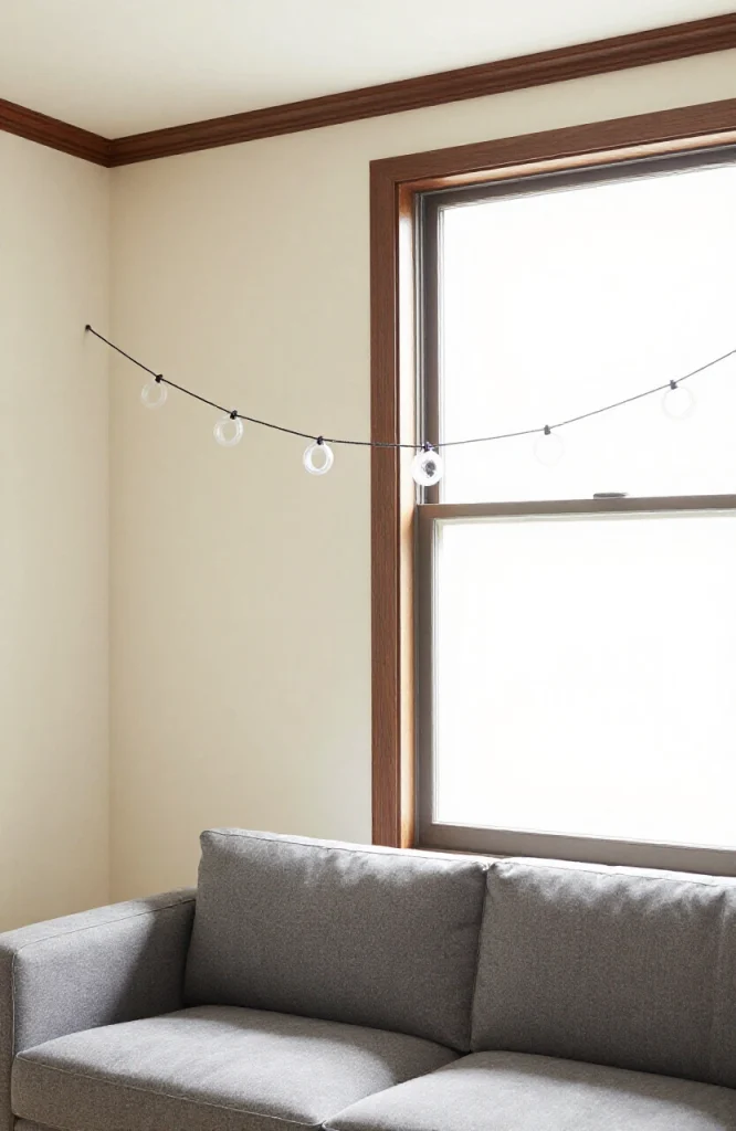 Black spider ring garland stretched across a window frame creating a spooky Halloween decoration