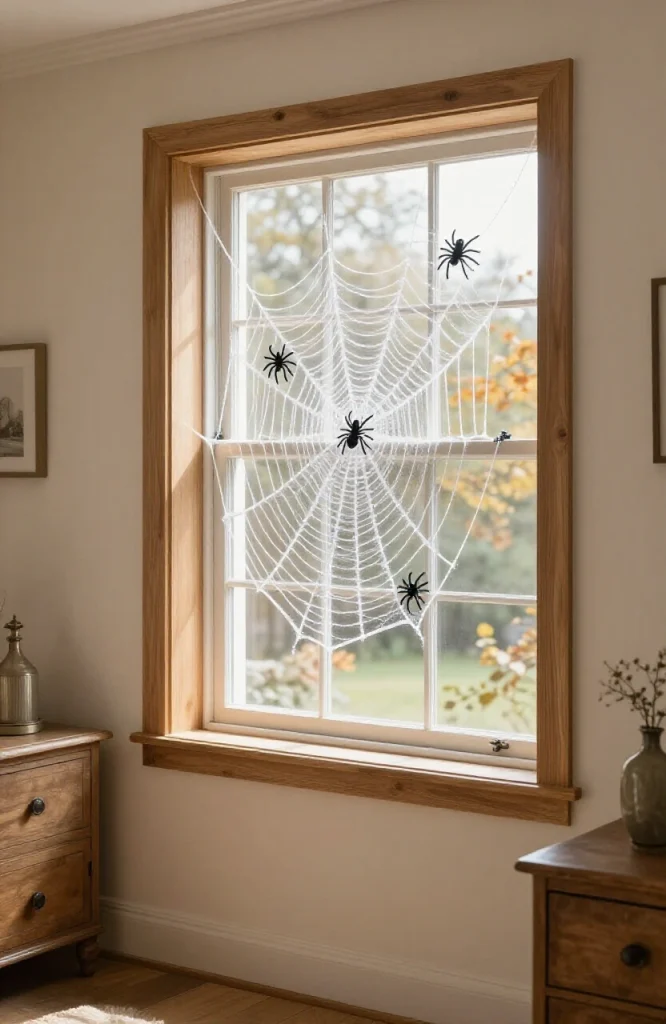 White spider web decoration stretched across a window frame with black spider accent