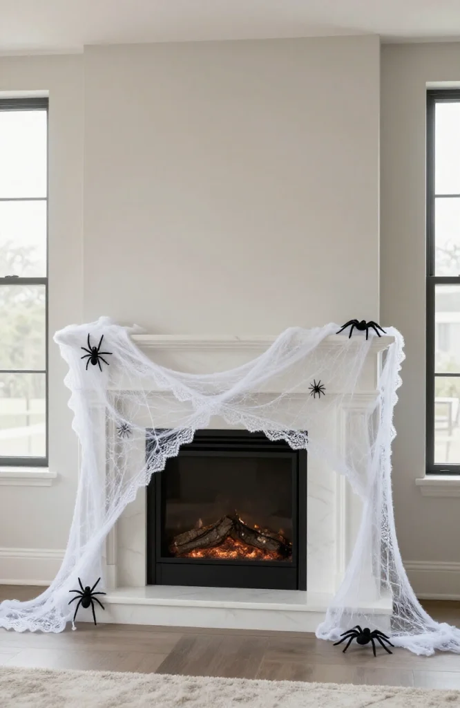 Black spiderweb lace garland draped across white mantel with minimal Halloween decoration styling