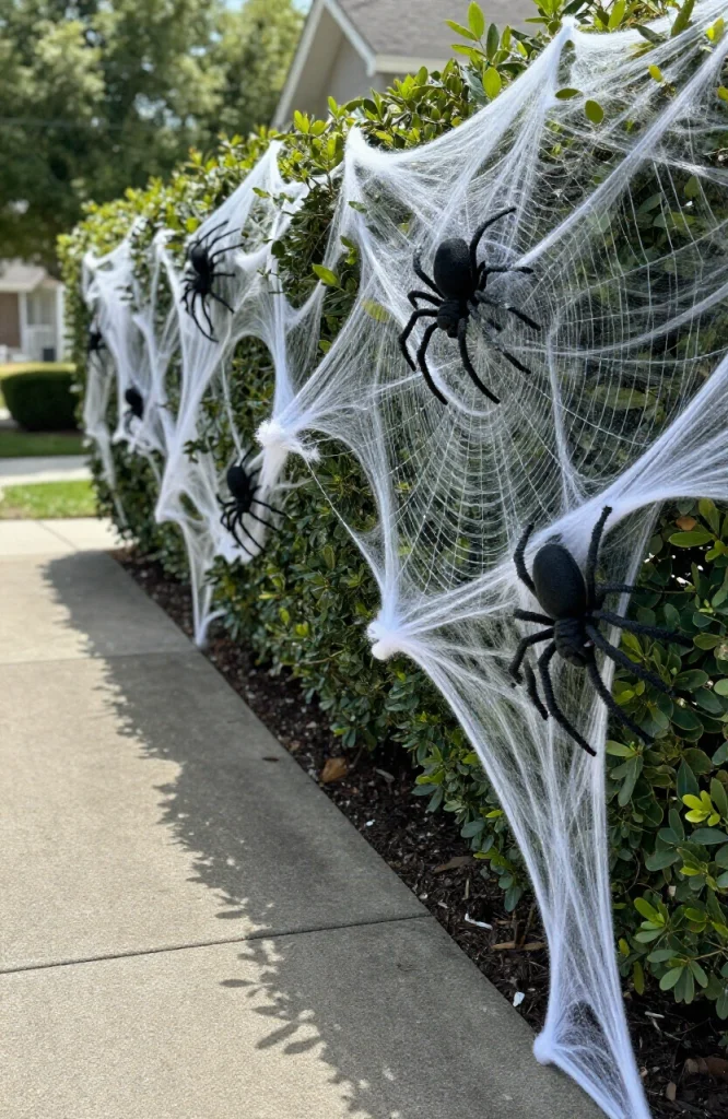 White spiderweb decoration stretched across dark green walkway shrubs with artificial spider for Halloween display