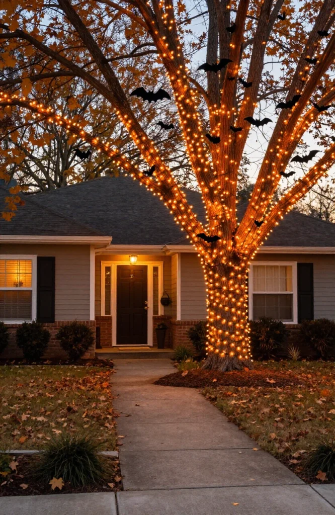 Bare tree branches decorated with orange string lights creating spooky Halloween walkway ambiance at night