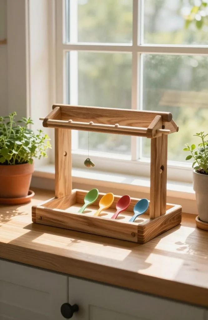 Handmade bird feeder made from wooden spoons as perches attached to a shallow tray for holding seeds