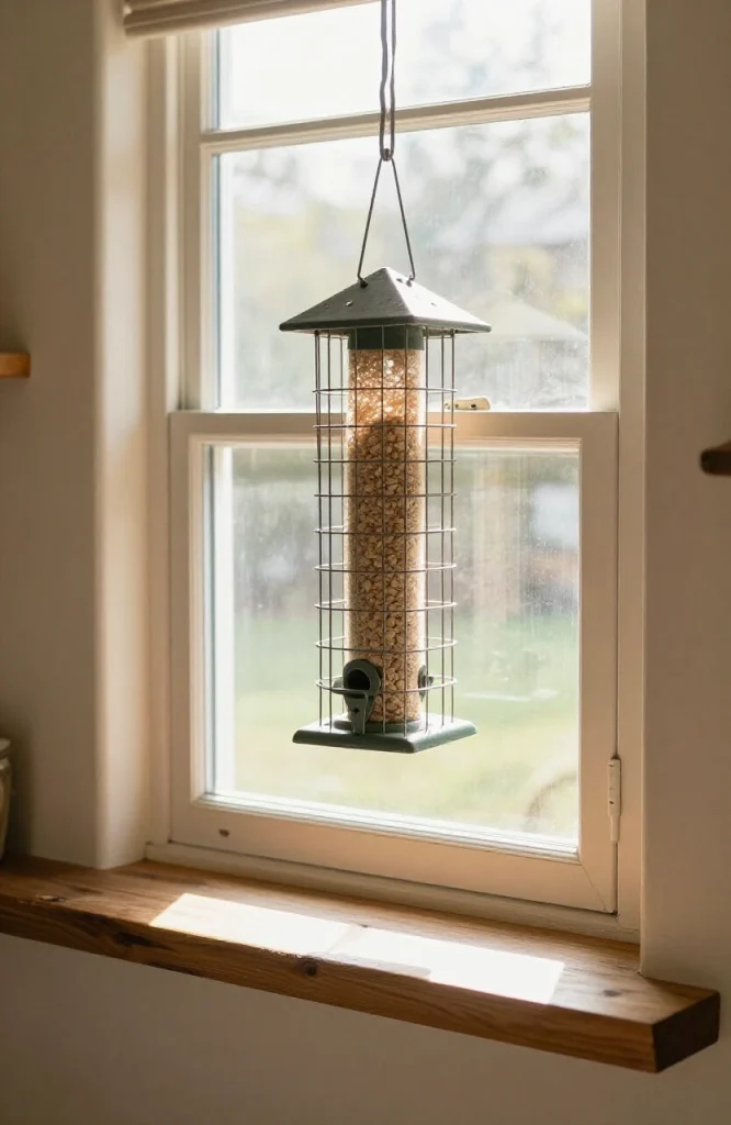 Homemade squirrel-resistant cage bird feeder with metal bars and wooden frame