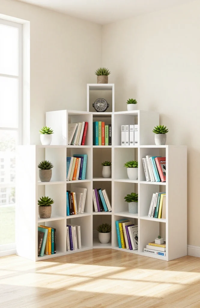 Modular stackable cube shelving units arranged in a flexible configuration against a white wall