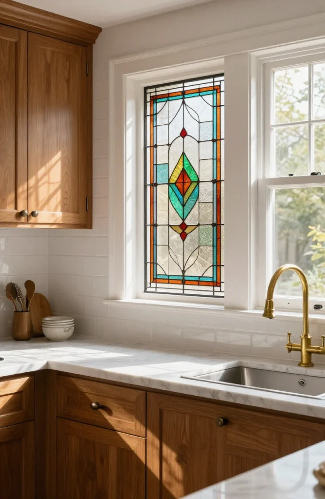 Kitchen window decorated with colorful stained glass film creating decorative patterns and privacy