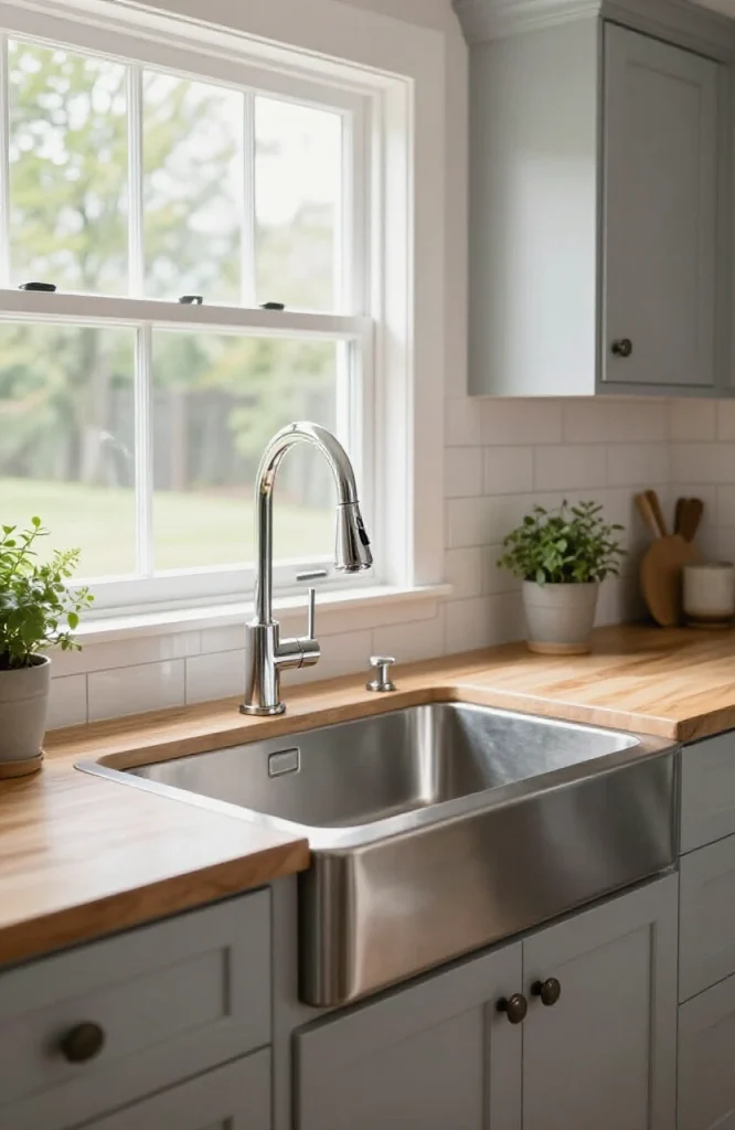 Modern stainless steel corner kitchen sink with dual basins and chrome faucet installed in white cabinetry