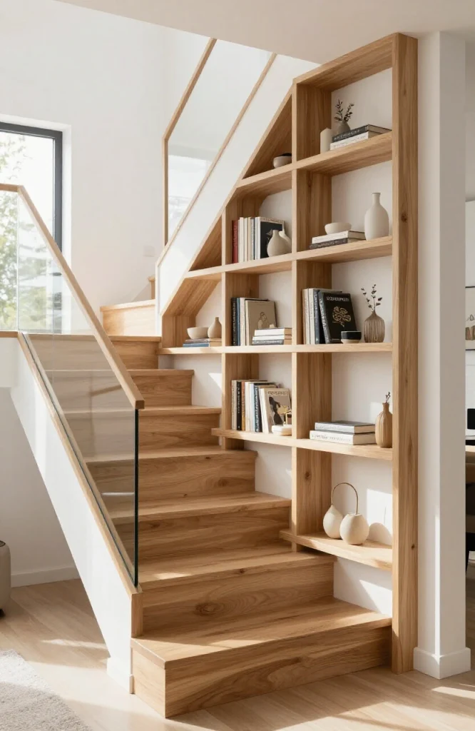 Wooden staircase with built-in shelves storing books and decorative items in compact home