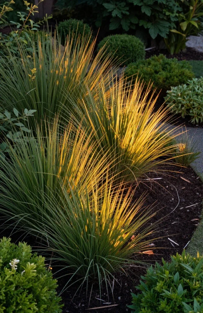 Garden planting bed with stake spotlights illuminating flowering plants and foliage at dusk for accent lighting