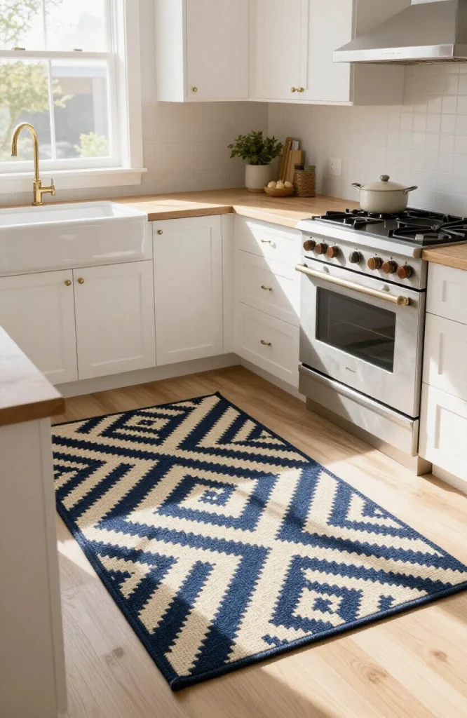 Modern kitchen with geometric patterned area rug anchoring the seating zone