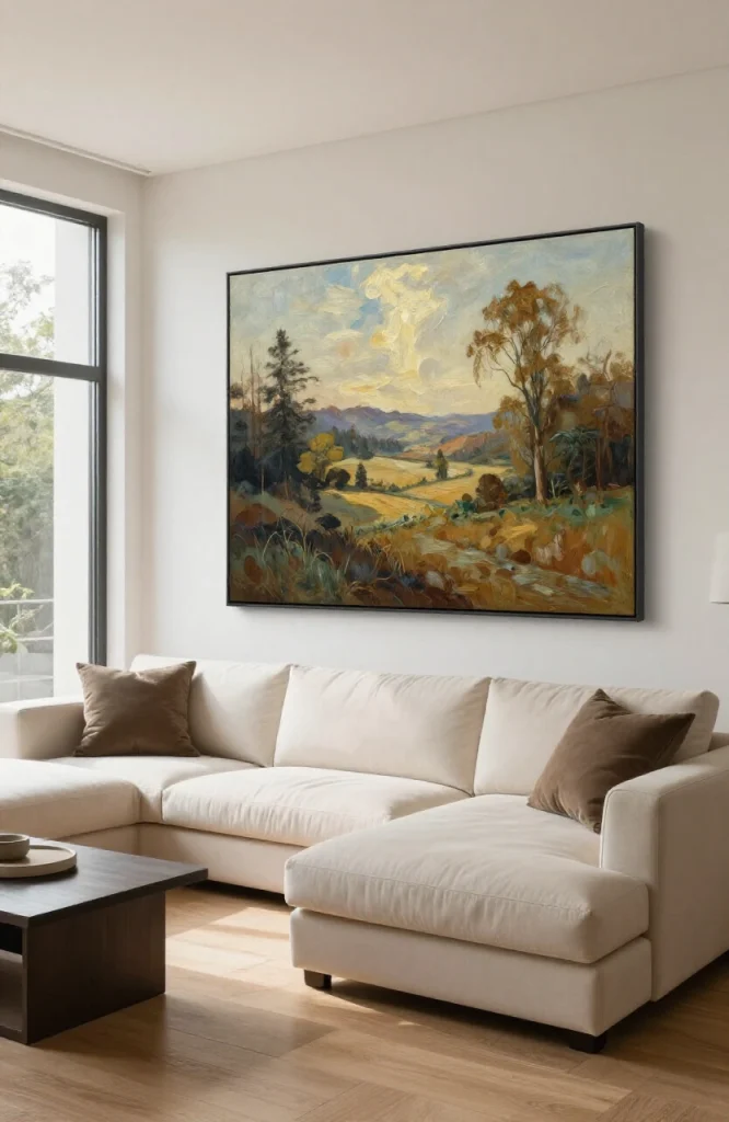 Large abstract painting hung on white wall between living and dining areas in open floor plan home