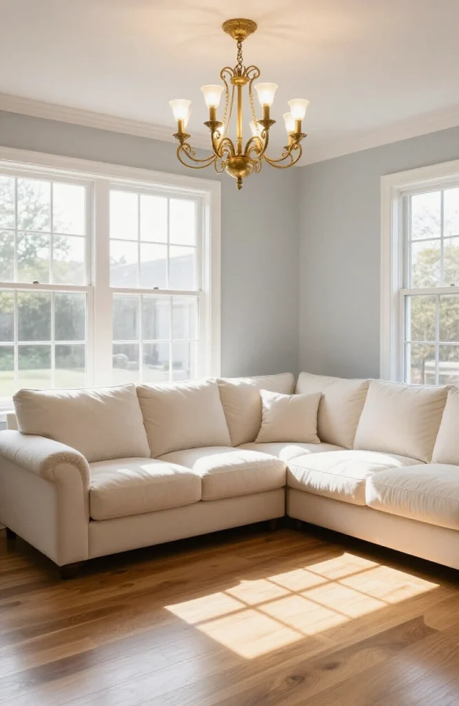 Elegant chandelier suspended above living room furniture in open floor plan home creating focal point
