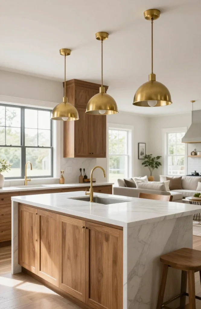 Modern pendant light fixture hanging above white kitchen island in open floor plan with dining area visible
