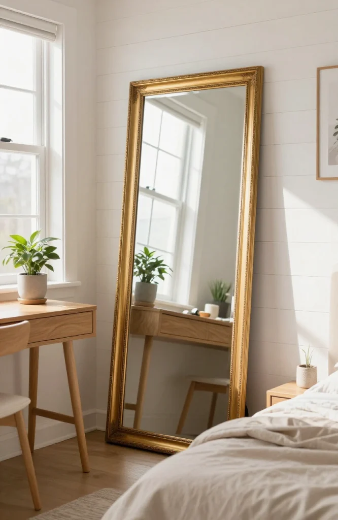 Large decorative mirror mounted on dorm room wall above desk, reflecting light to make small space appear larger