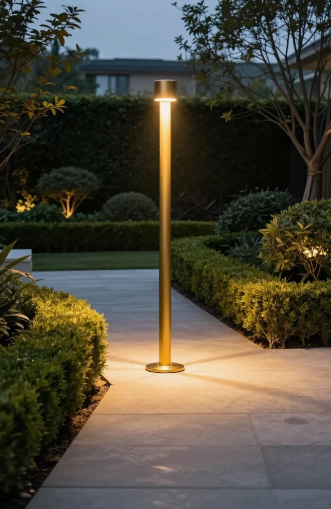Tall decorative post light illuminating garden pathway with warm ambient lighting creating focal point in landscaped yard