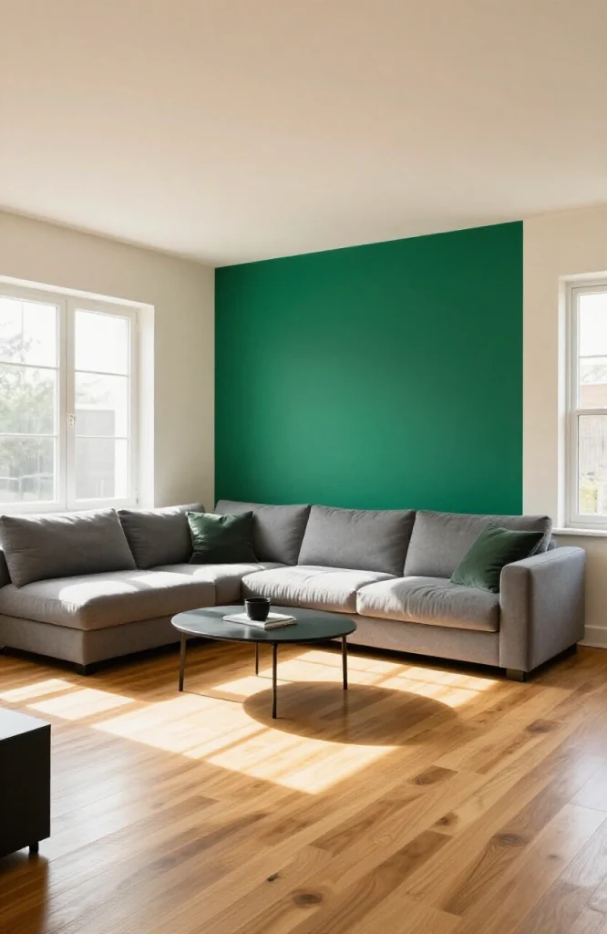 Open floor plan living space with charcoal accent wall defining single zone while maintaining visual connection to rest of ho