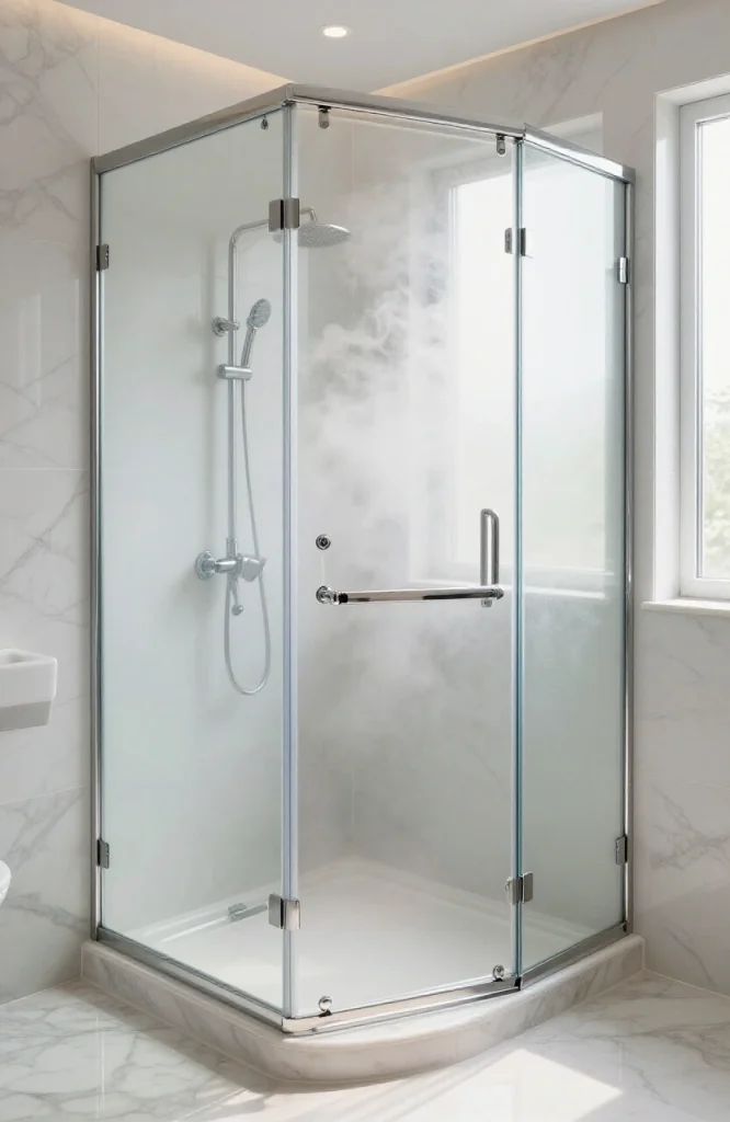Modern steam shower with built-in aromatherapy reservoir diffusing essential oils and steam
