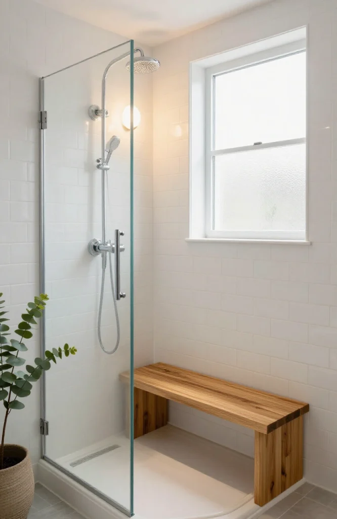 Modern steam shower enclosure with integrated wooden bench seat and glass doors