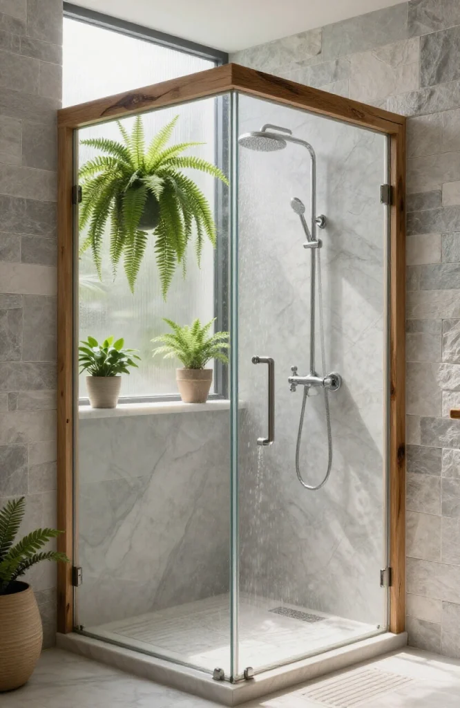 Luxury steam shower with green plants, natural stone tile, and wooden accents creating a spa-like atmosphere in residential b