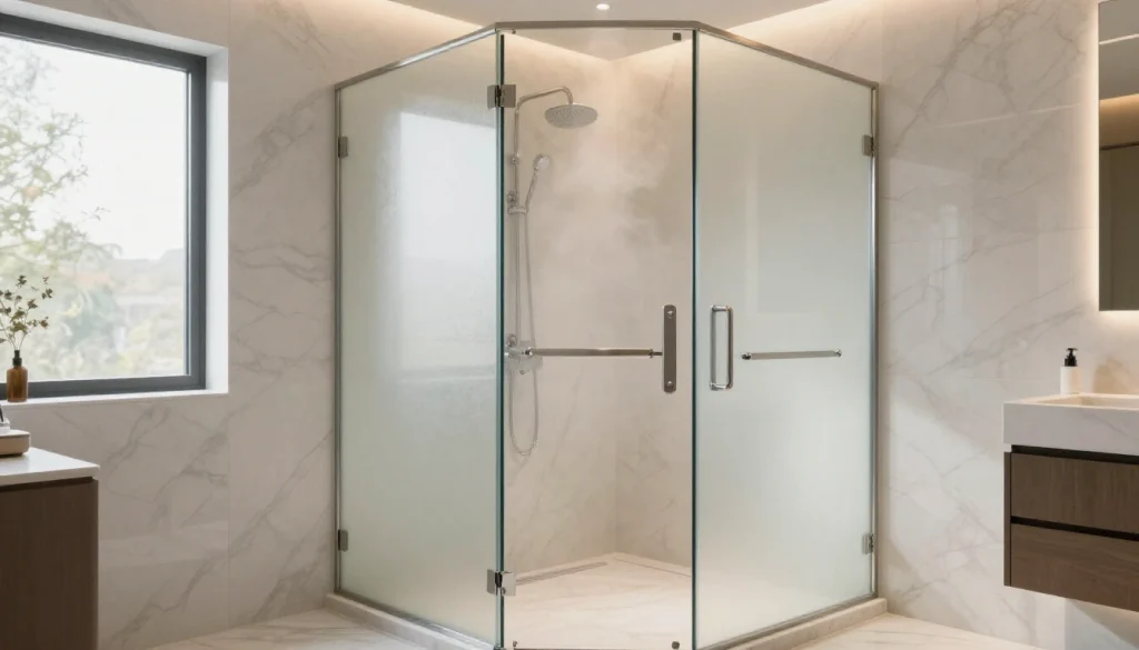 Modern steam shower enclosure with glass panels and sleek fixtures in contemporary bathroom spa setting