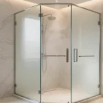 Modern steam shower enclosure with glass panels and sleek fixtures in contemporary bathroom spa setting