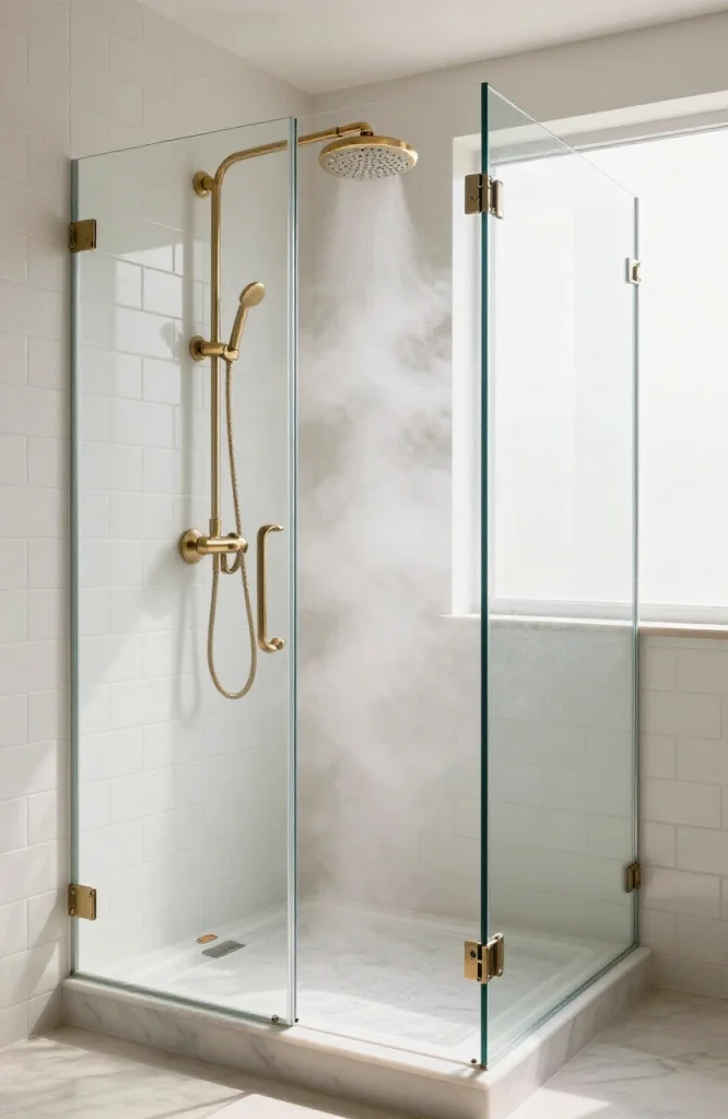 Modern steamhead fixture mounted on shower wall designed for even steam distribution in residential spa bathroom