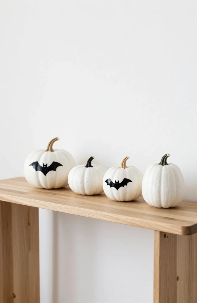 White pumpkin decorated with black stenciled bats for minimalist Halloween decor