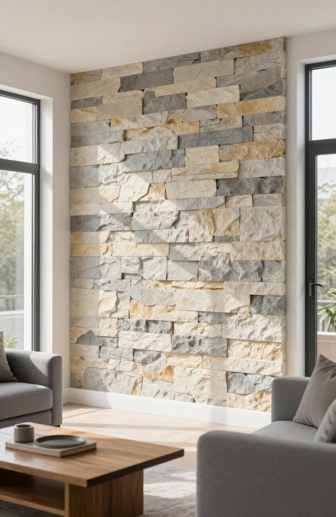 Textured stone veneer panels installed on interior wall as paintless wall decoration option