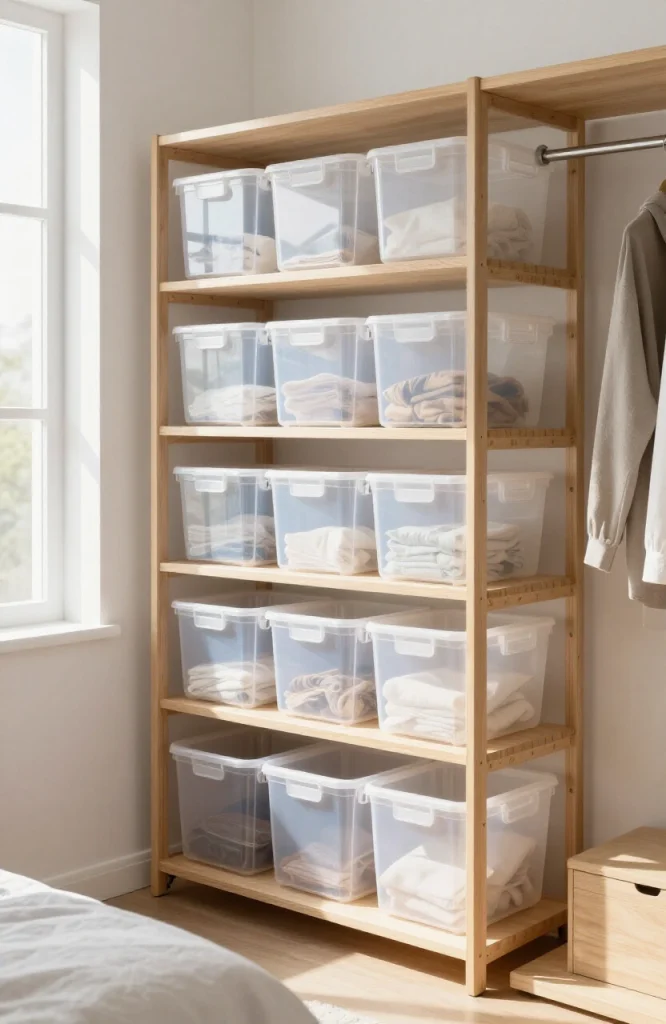 Clear plastic storage bins organized neatly in a small apartment closet space for holiday decorations