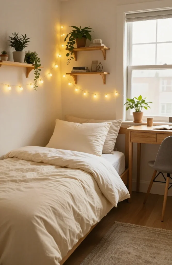 String lights draped above dorm room bed providing warm soft lighting for small bedroom space