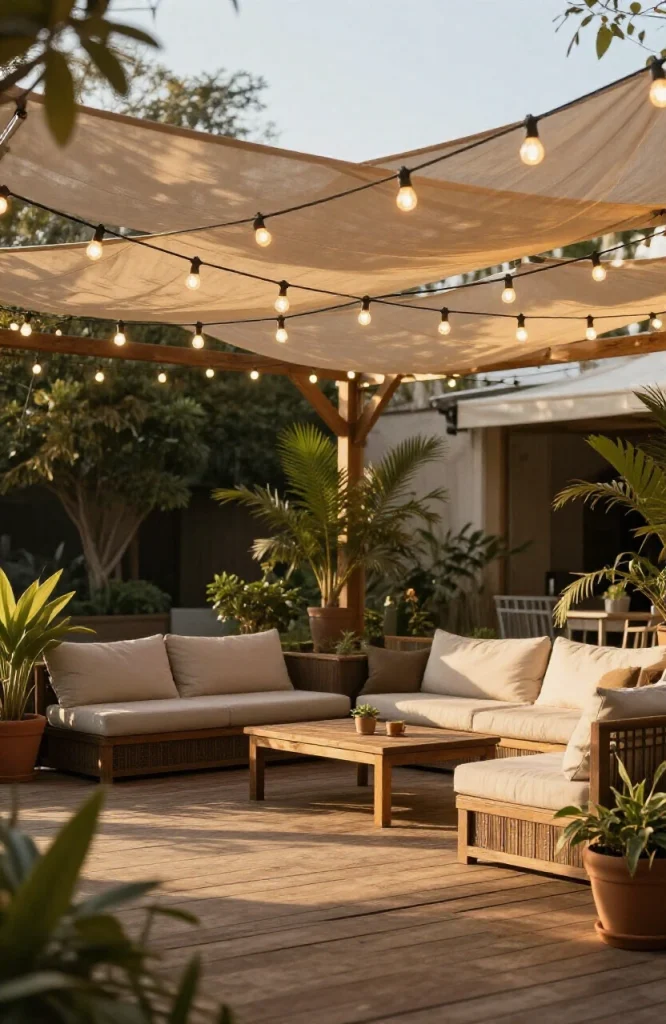 Warm string lights draped overhead above a patio seating area creating ambient outdoor lighting
