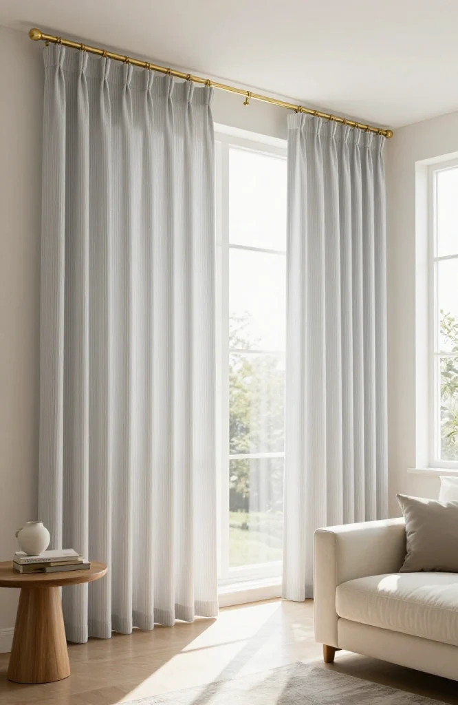 Living room with vertical striped curtains extending from ceiling to floor creating illusion of height