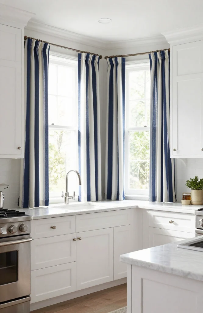 Kitchen window with black and white striped curtains hanging from a rod above the sink