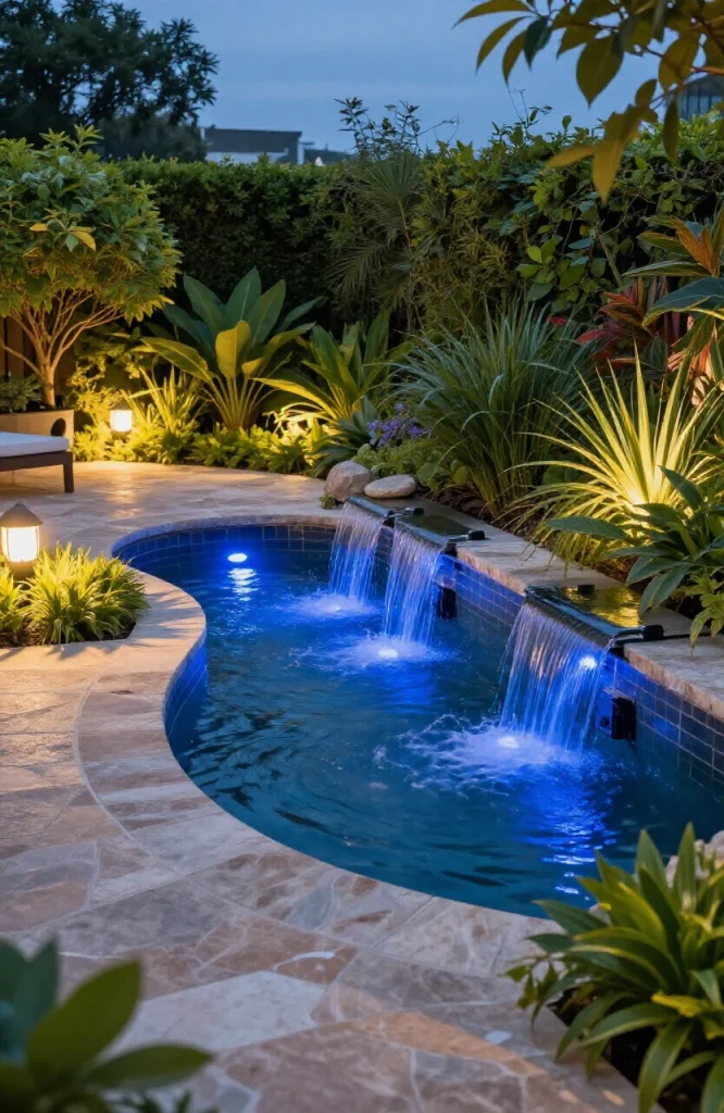 Garden pond illuminated by submersible LED lights creating blue glow underwater