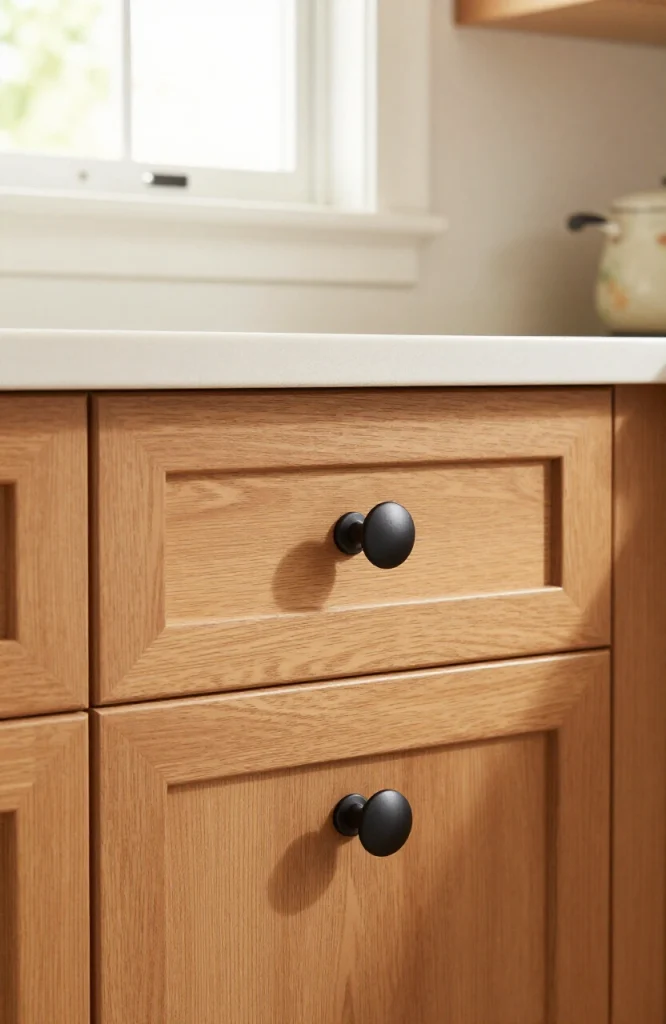 Close-up of modern cabinet hardware handles installed on kitchen cabinet doors, showing sleek metallic finish