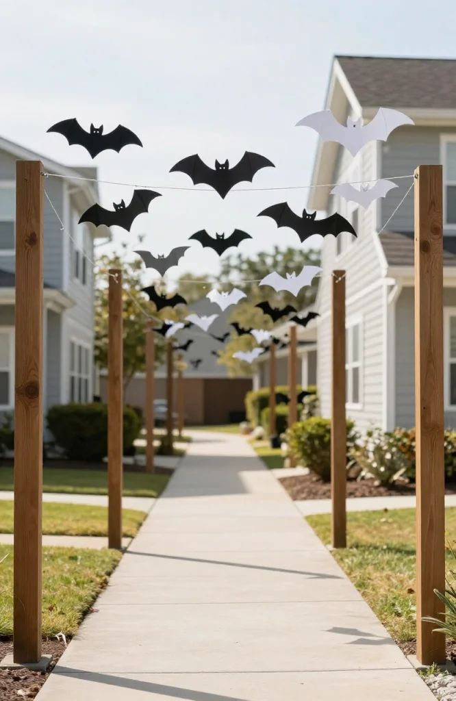Multiple black bats suspended from thin string creating a swarm effect along a Halloween decorated walkway entrance