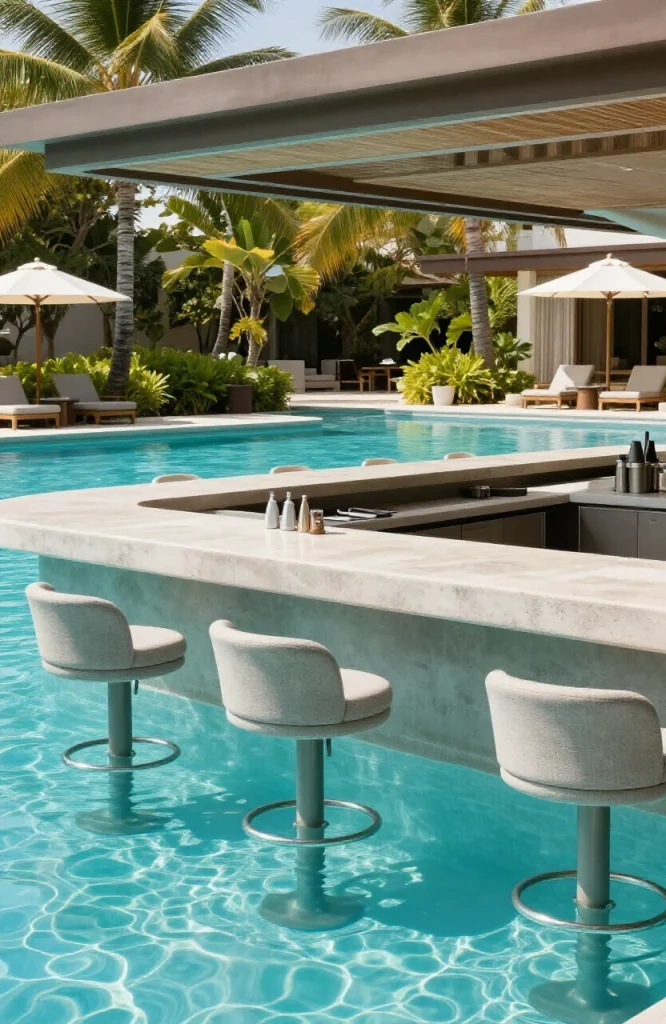 Swim-up pool bar featuring submerged bar stools partially underwater in a residential swimming pool