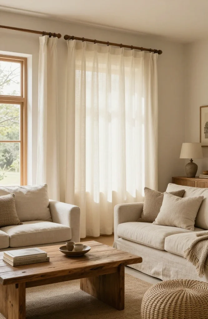 Casual living room with white tab top curtains hung on metal rod above large window