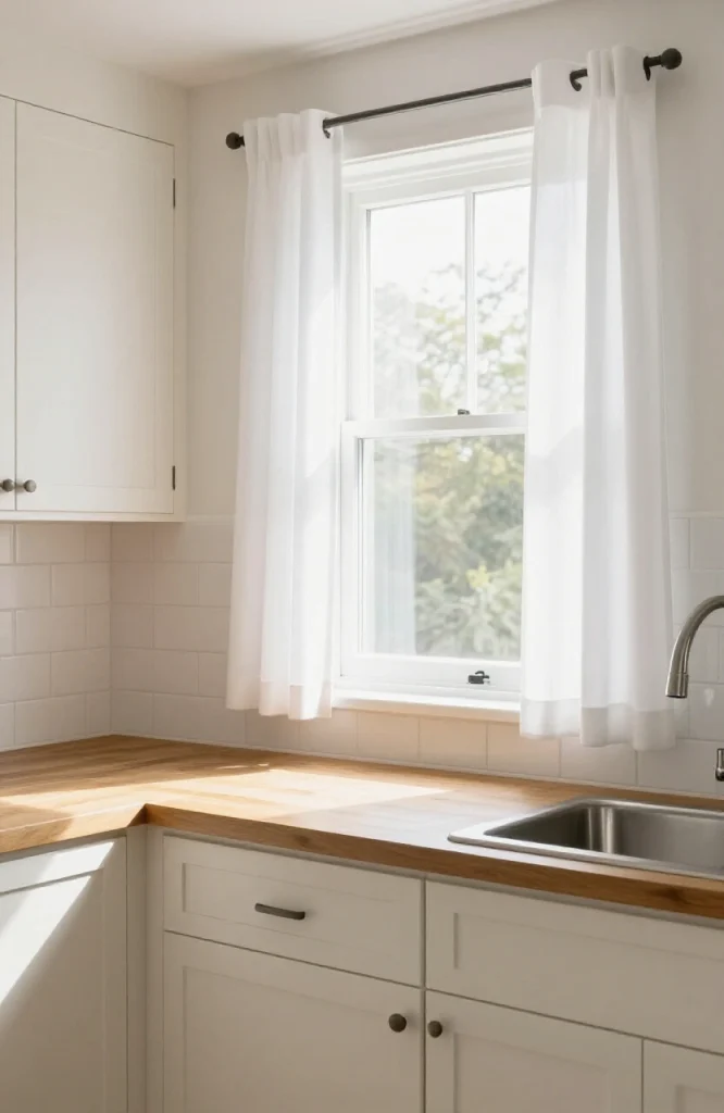 Tab-top curtains hung on a kitchen window with decorative rod, showing fabric tabs at the top