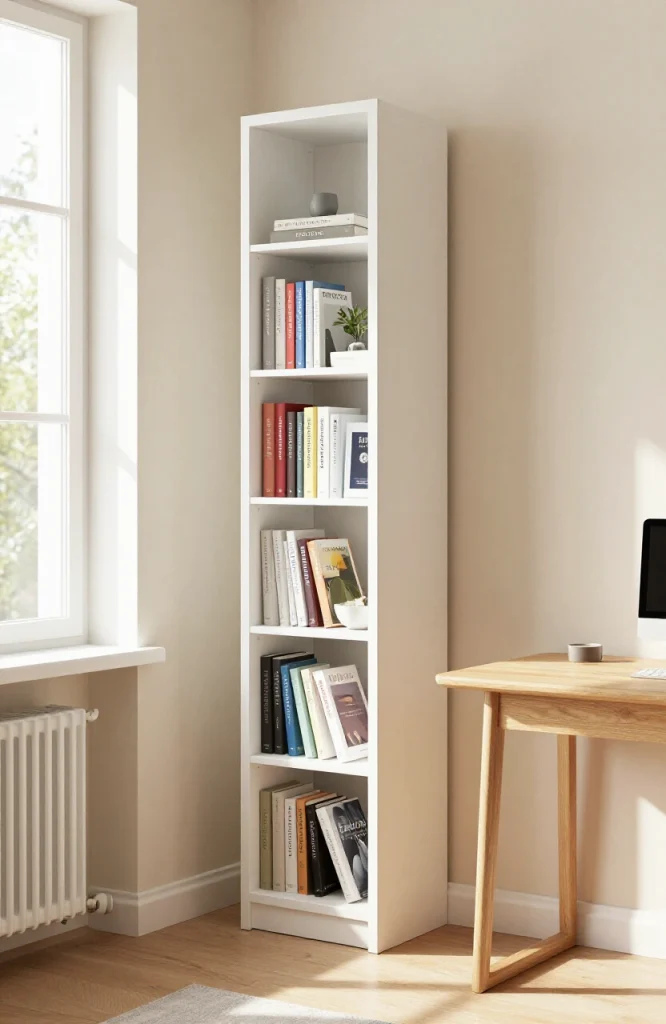 Tall narrow bookcase against white wall storing books vertically in compact room space