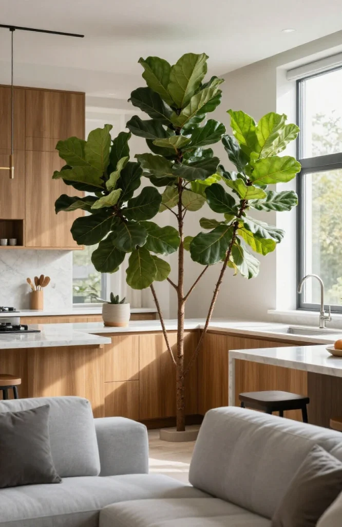 Tall indoor plants used as natural dividers between living and dining areas in an open floor plan