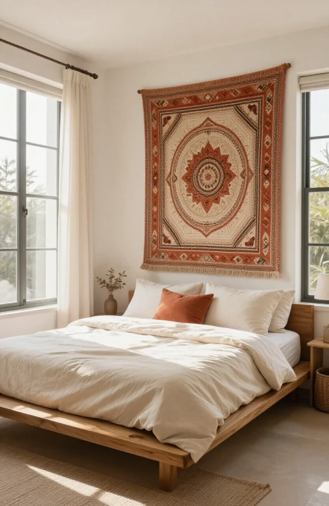 Colorful tapestry hanging on white wall as alternative to paint decoration
