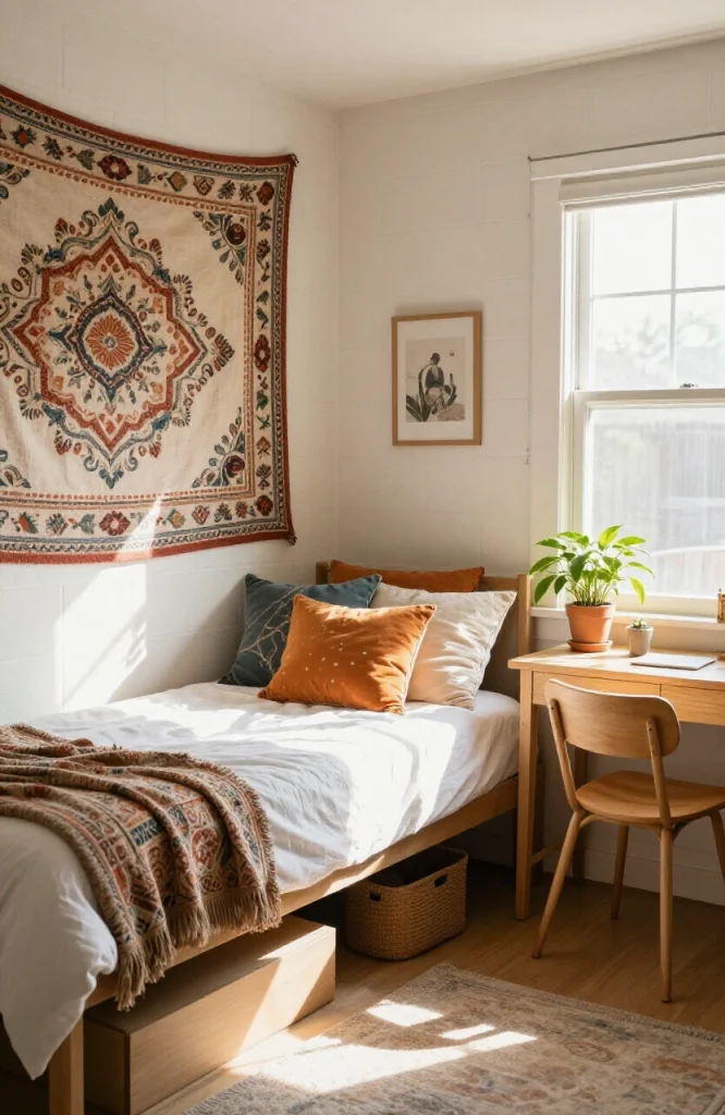 Colorful tapestry hung on cinder block wall in dorm room covering bare blocks