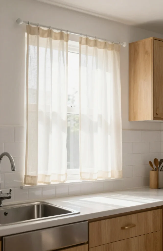 White tension rod curtains installed on a rental kitchen window with sheer fabric allowing natural light