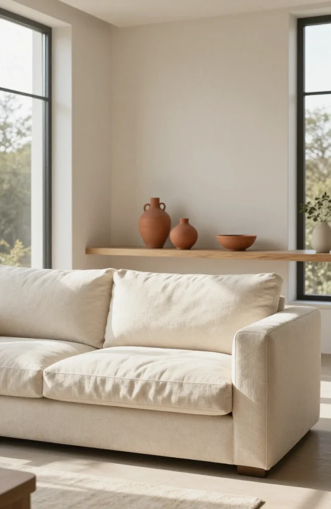 Minimalist Christmas ornaments in terracotta and cream colors arranged on neutral background
