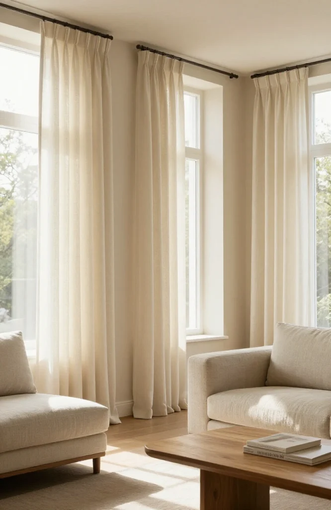 Living room with textured curtains featuring woven fabric pattern providing depth and warm aesthetic to windows