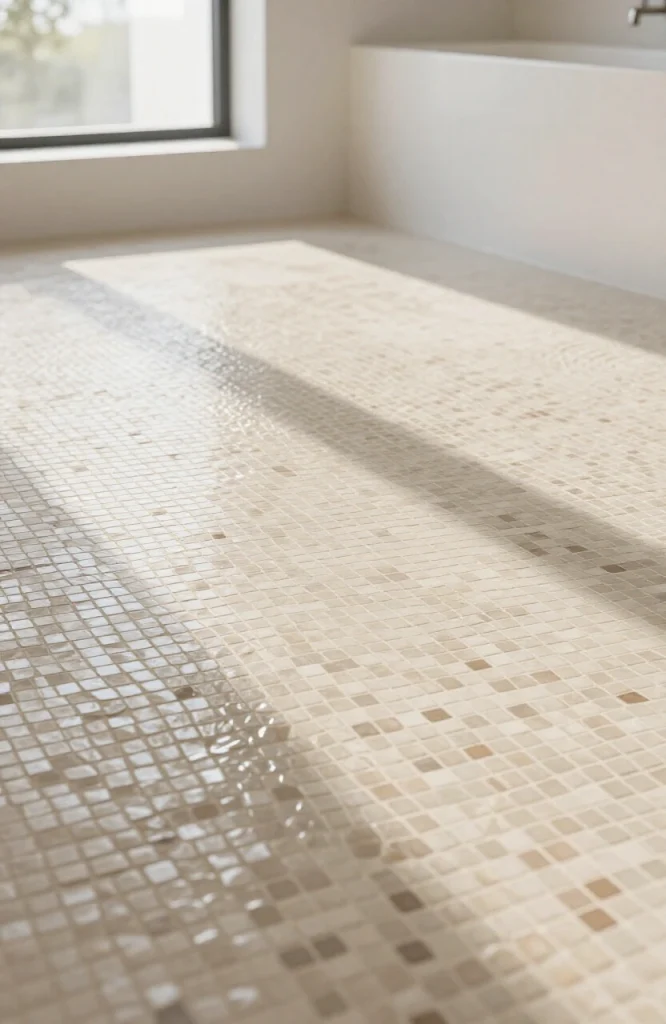 Close-up of textured ceramic tile flooring in a steam shower with raised pattern for slip resistance and safety