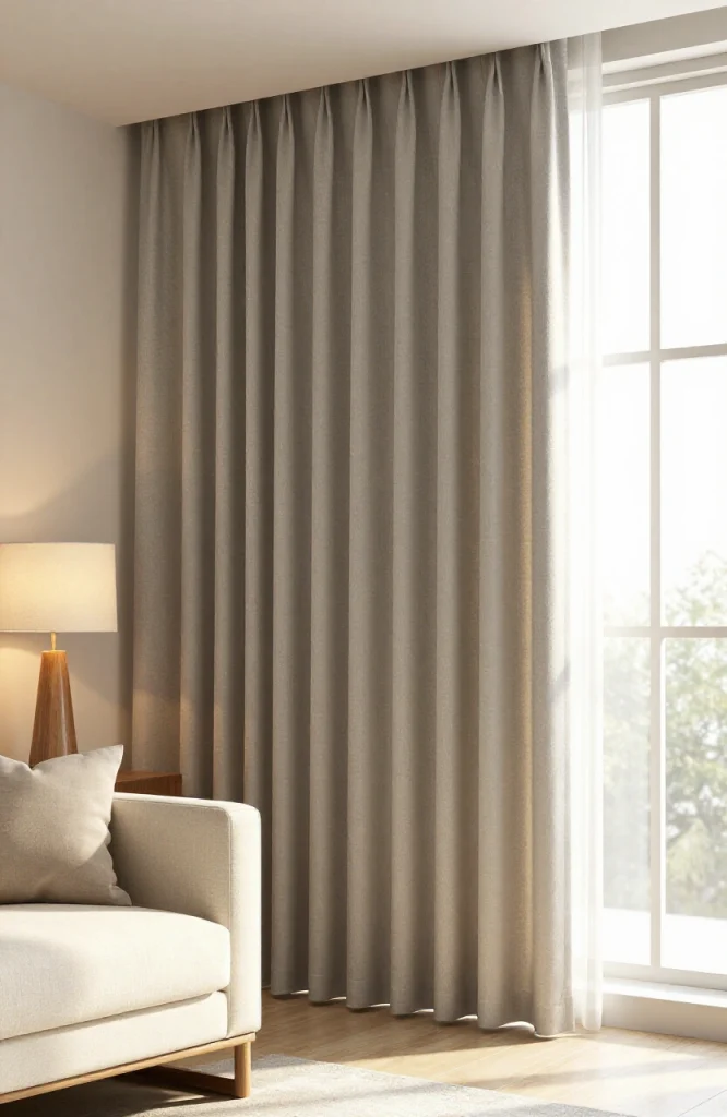 Modern thermal curtains in neutral tone installed on living room window reducing heat loss and improving energy efficiency